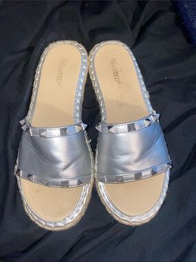 Wanted Metallic Silver Studded Slide Mules
